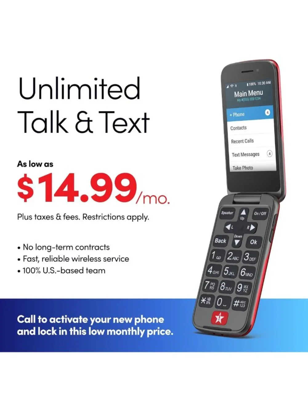 Simple Red Flip Phone for Seniors | Easy-to-Use, No SIM Needed, Activated Plan
